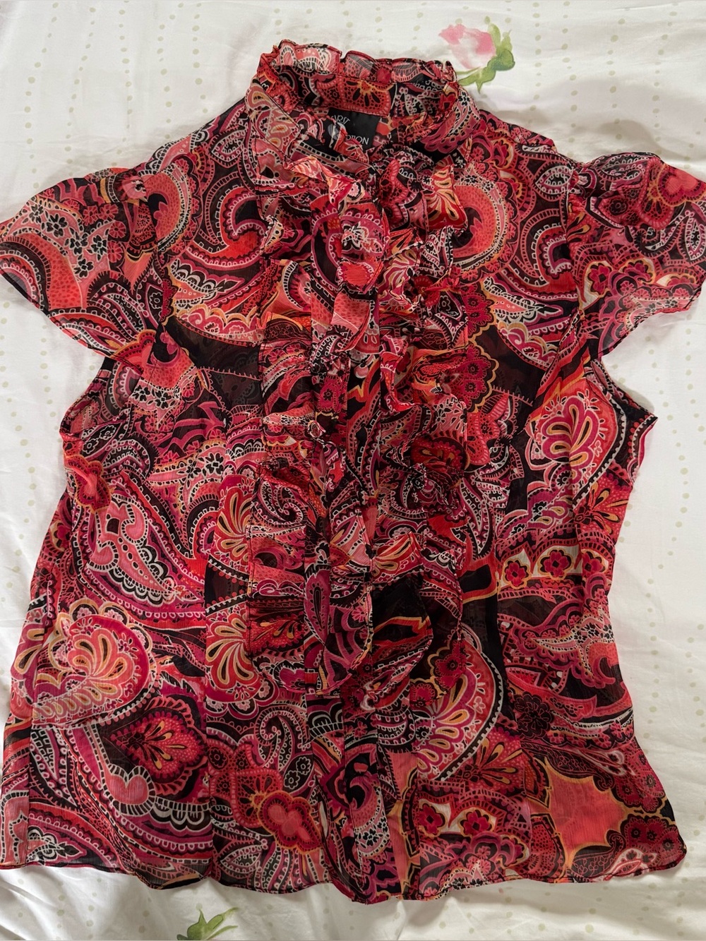 Y2K sheer paisley print ruffly top